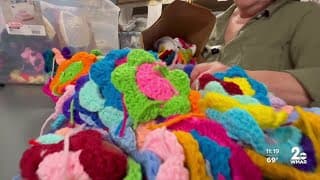 Pigtown neighborhood yarn bombs Washington Boulevard lampposts